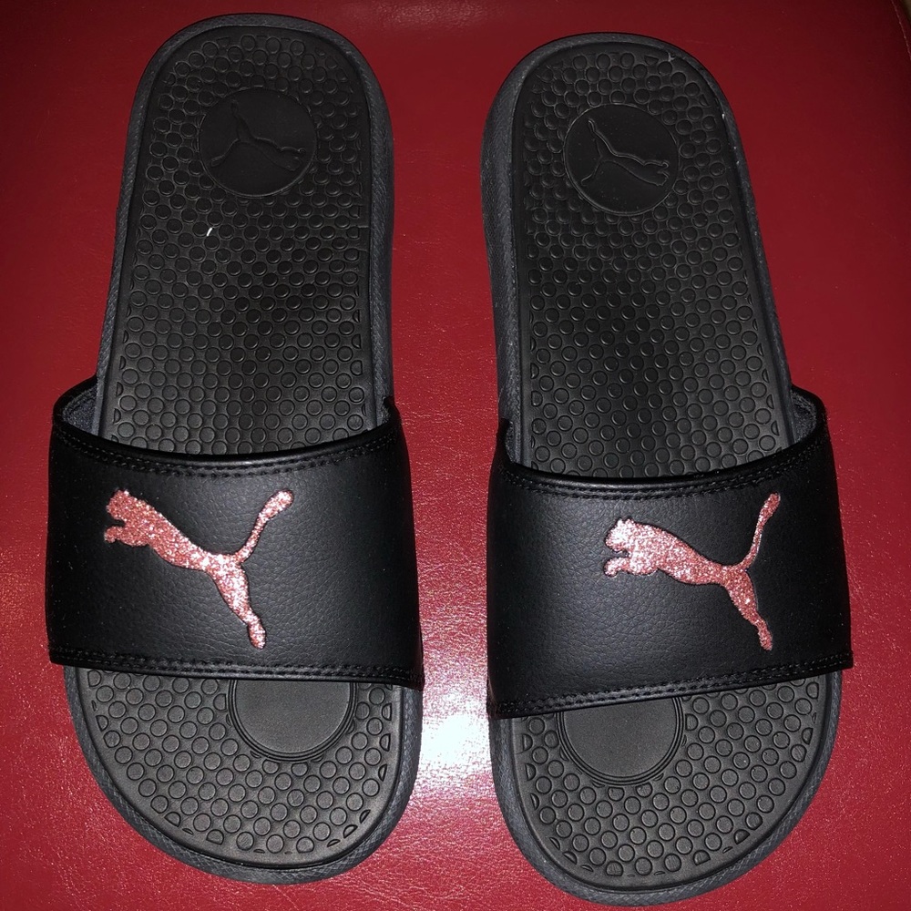 Puma Cool Cat Slides Sandals Black/Rose Gold Glitter Women's Size 10